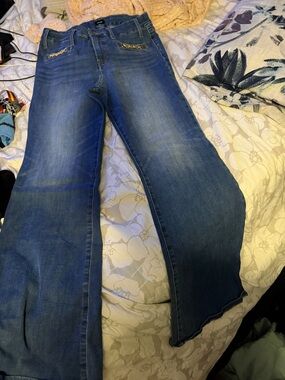 Express Dark Blue Flare Jeans with Decorative Pocket Trim